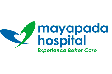 Logo rumah sakit Mayapada menampilkan simbol hati dan daun, mewakili layanan kesehatan yang peduli, dengan slogan