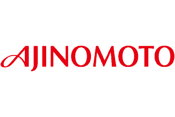 Logo Ajinomoto berwarna putih dengan latar belakang merah. Menyampaikan identitas merek yang kuat dalam industri makanan.