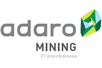 Logo PT Adaro Indonesia menampilkan nama perusahaan dengan elemen grafis berbentuk geometris. Dikenal di sektor tambang, mencerminkan identitas korporat yang kuat.