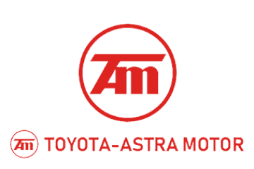 Logo Toyota-Astra Motor menonjol dengan warna merah yang mencolok, menggambarkan identitas perusahaan otomotif yang kuat dan terpercaya.