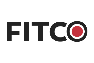 FITCO, sebagai logo dari merek kebugaran, menonjolkan nama dengan desain yang modern dan dinamis, menggunakan warna hitam dan merah untuk menarik perhatian.