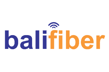 Bali Fiber menyajikan nama perusahaan dalam huruf modern, menggunakan kombinasi warna biru dan oranye untuk menciptakan kesan dinamis dalam konteks layanan internet.