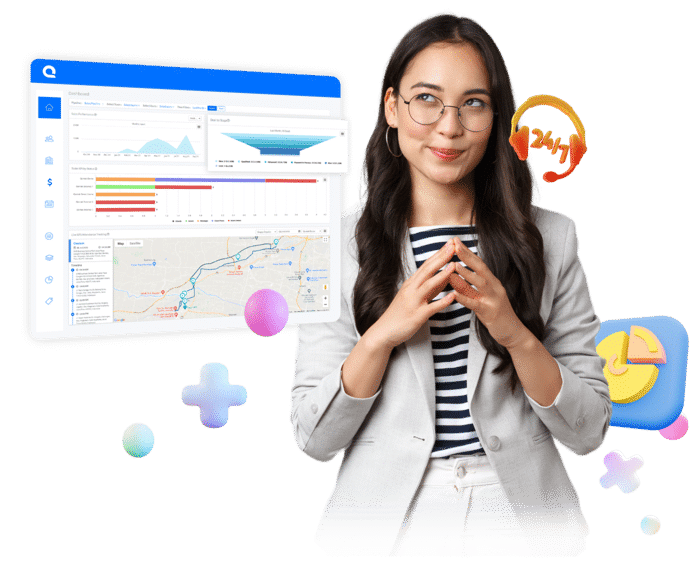 Dashboard analitik menampilkan grafik dan peta, sementara seorang profesional dengan gaya rapi menyampaikan informasi dengan percaya diri.