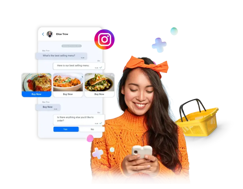 Pengguna smartphone berinteraksi melalui aplikasi pesan media sosial, melihat menu makanan dengan opsi pembelian, di lingkungan yang cerah dan modern.