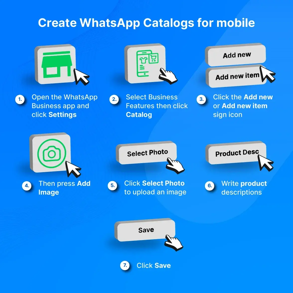 An image showing the steps to create a WhatsApp Catalog for mobile devices (Android or iPhone), including how to upload product images, add product details, and organize them into categories. An image showing the steps to create a WhatsApp Catalog for mobile devices (Android or iPhone), including how to upload product images, add product details, and organize them into categories.