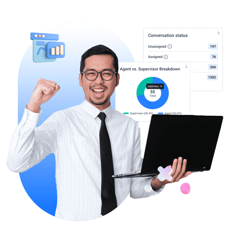 Pria berpakaian formal memegang laptop sambil menunjukkan tanda semangat, dikelilingi data grafik tentang status percakapan dan distribusi tim.