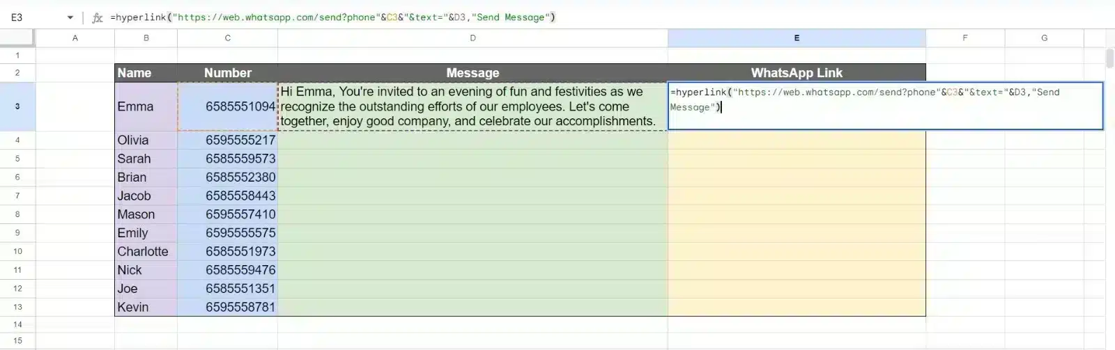 Step 2 to send WhatsApp messages from Excel Automatically by Creating a WhatsApp link to send messages automatically send WhatsApp from Excel Step 2 to send WhatsApp messages from Excel Automatically by Creating a WhatsApp link to send messages automatically send WhatsApp from Excel
