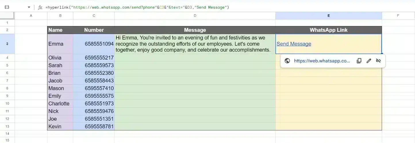 Step 3 to send WhatsApp messages from Excel Automatically by Dragging the finished WhatsApp link down to create a hyperlink for all recipient Step 3 to send WhatsApp messages from Excel Automatically by Dragging the finished WhatsApp link down to create a hyperlink for all recipient