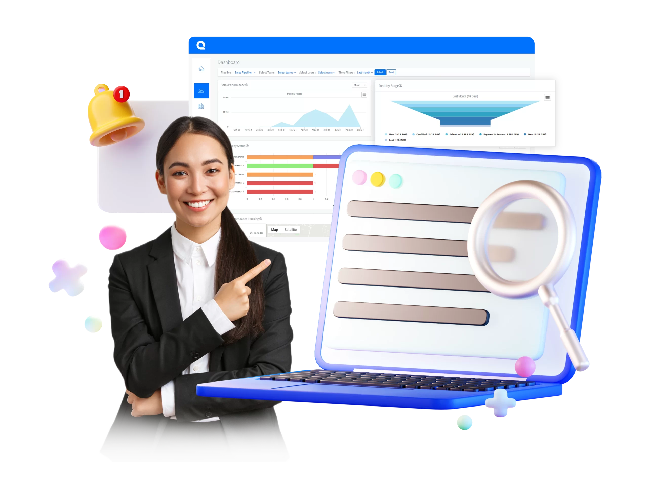 Seorang profesional berpakaian formal menunjukkan layar dashboard yang menampilkan grafik dan data analitik, sementara notifikasi dan elemen desain grafis menghiasi latar belakang.