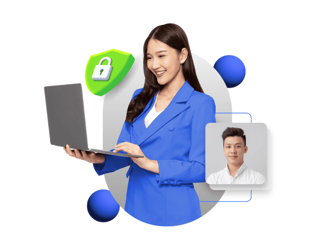Seorang profesional berpakaian jas biru menggunakan laptop, menunjukkan fokus pada pekerjaan. Ikon keamanan digital muncul di samping, menggambarkan perlindungan data.