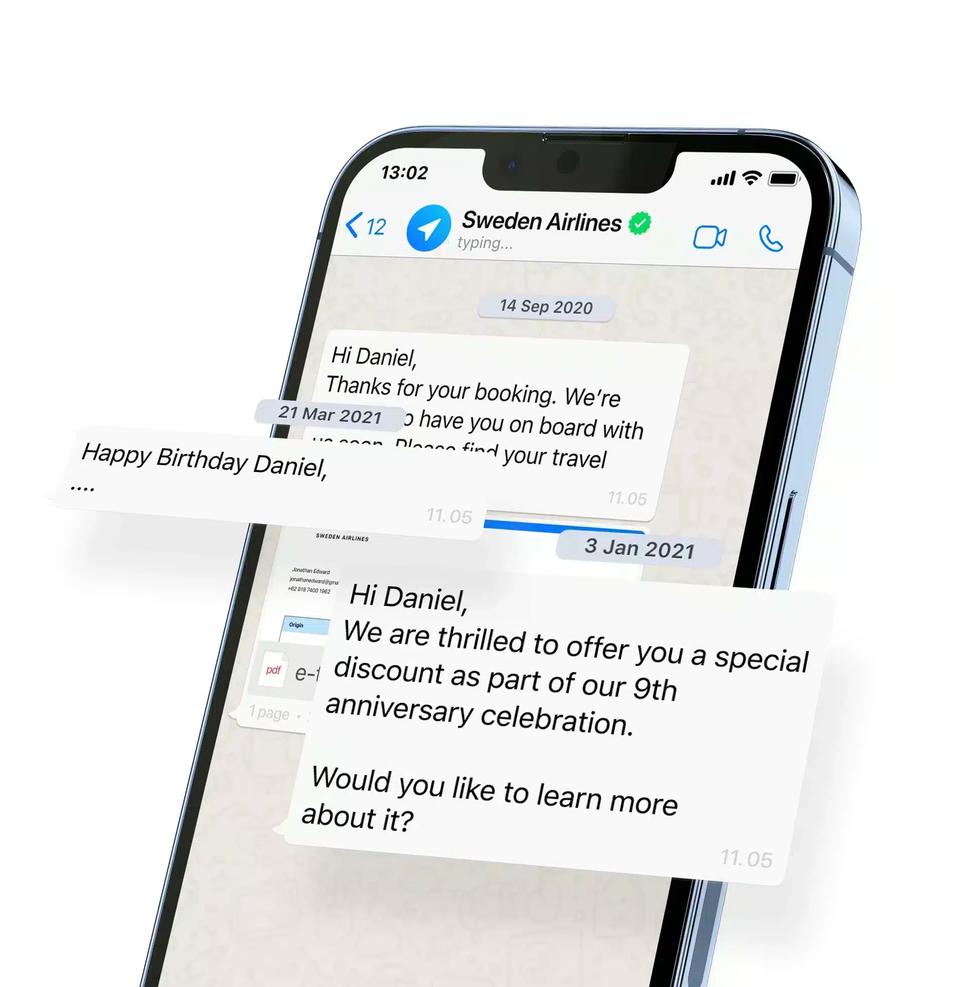 Sebuah ponsel menampilkan percakapan WhatsApp dari Sweden Airlines, menawarkan diskon spesial dan mengucapkan selamat ulang tahun kepada penerima.