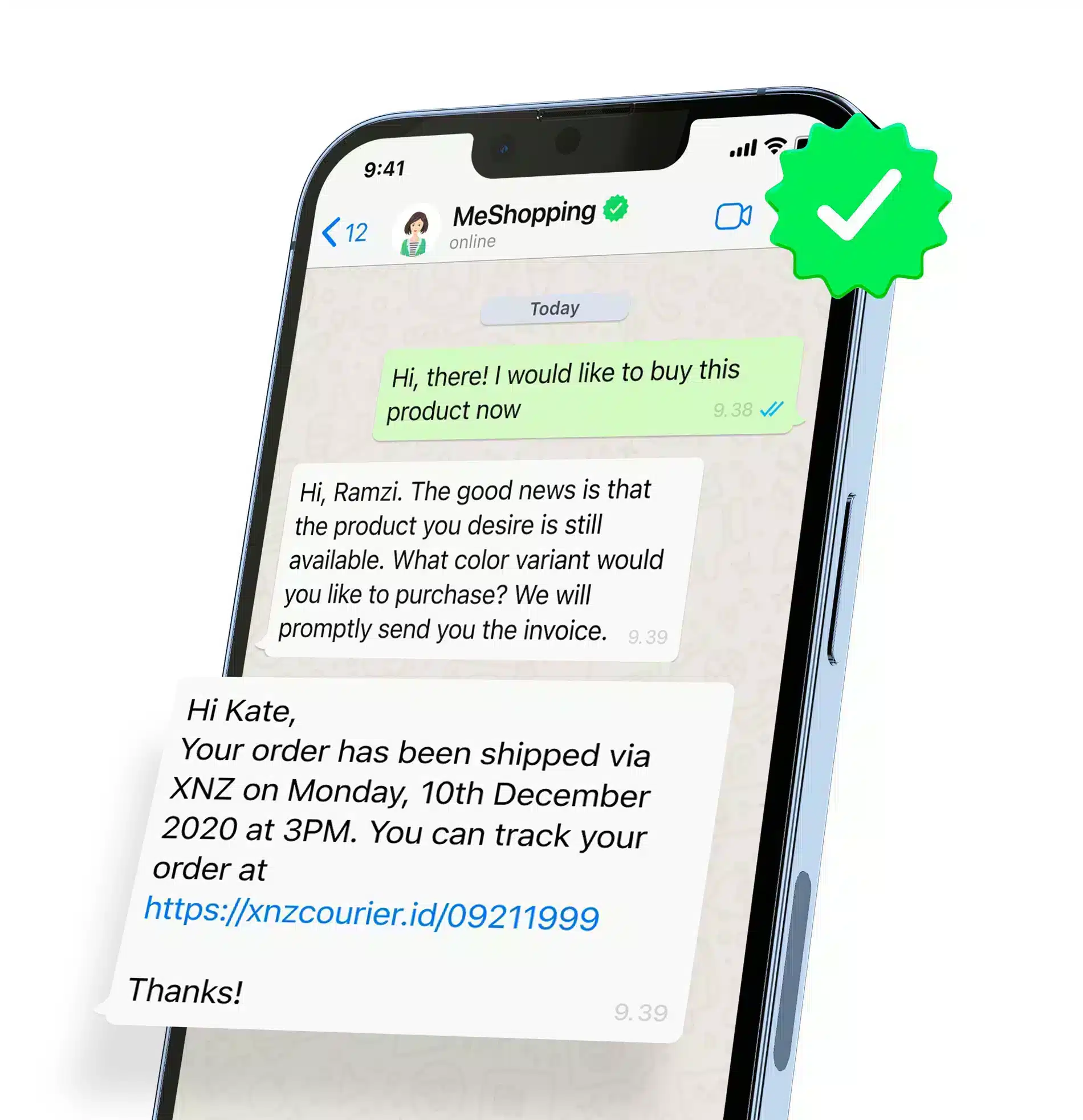 Sebuah pesan di aplikasi chat menunjukkan komunikasi antara pelanggan dan penjual mengenai pembelian produk serta informasi pengiriman yang telah disiapkan.