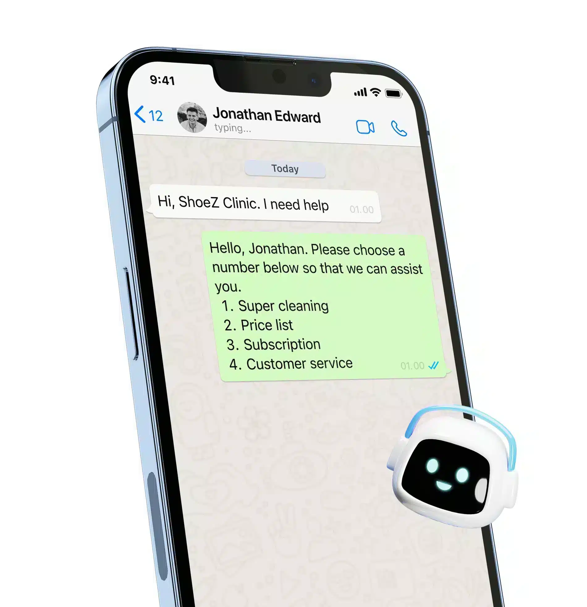 Ponsel menampilkan chat di aplikasi, di mana pengguna meminta bantuan dari ShoeZ Clinic dan menerima opsi layanan melalui pesan otomatis.