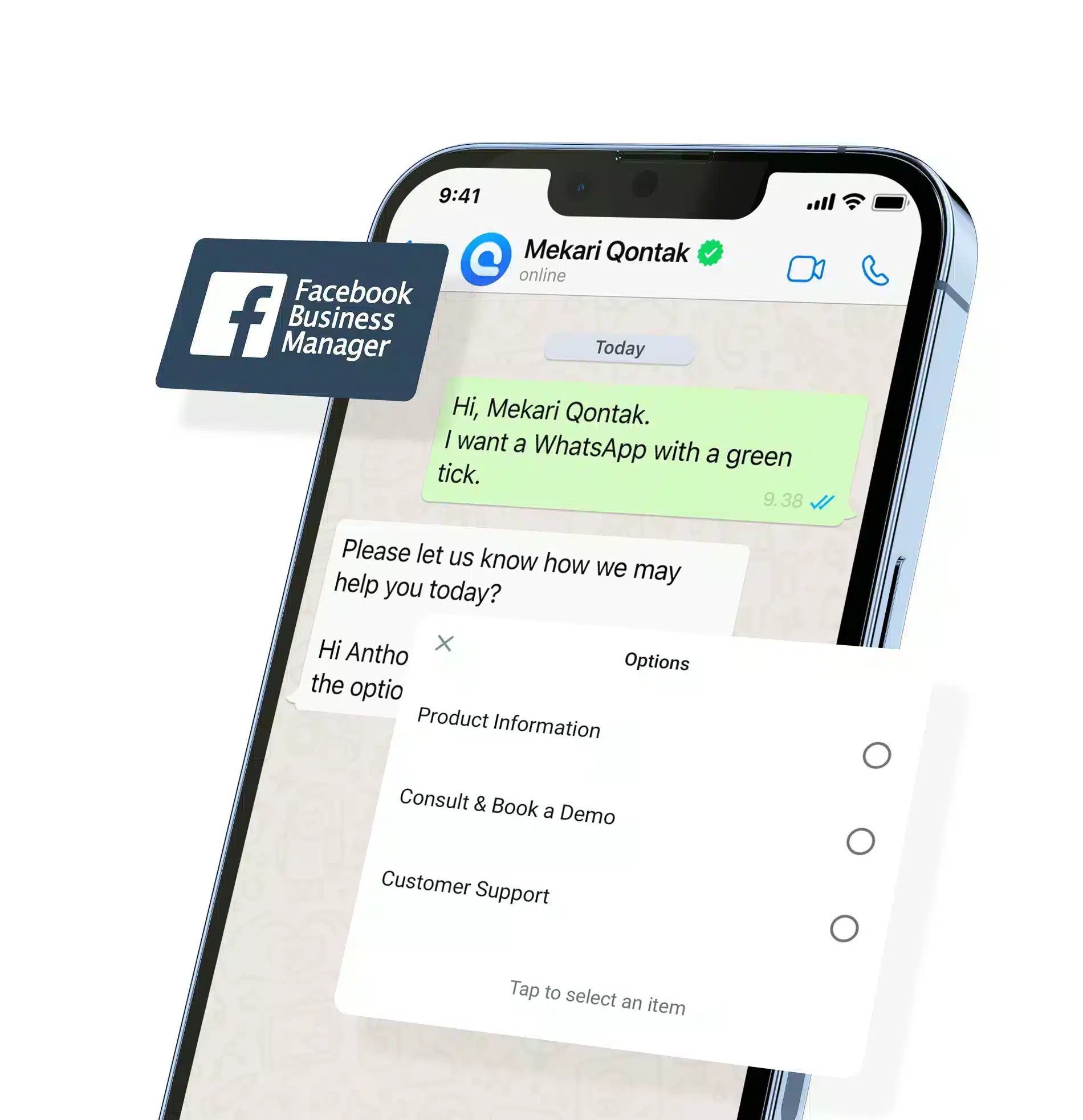 Ponsel menampilkan percakapan WhatsApp dengan opsi bantuan, termasuk informasi produk dan dukungan pelanggan, dalam konteks komunikasi bisnis.