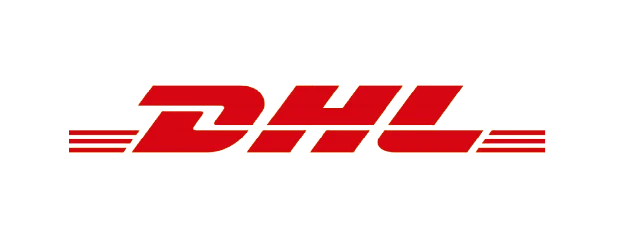 Logo DHL berwarna merah dengan huruf kapital, menunjukkan identitas perusahaan logistik internasional saat menyediakan layanan pengiriman di seluruh dunia.