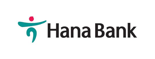 Logo Hana Bank menonjolkan elemen grafis berwarna teal dan merah, mencerminkan identitas perusahaan di sektor perbankan di lingkungan keuangan.