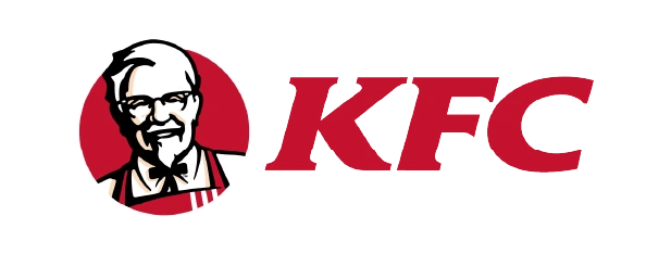 Logo KFC menampilkan sosok seorang lelaki mengenakan jas dan dasi, dengan latar belakang merah. Logo ini mewakili restoran cepat saji yang terkenal.