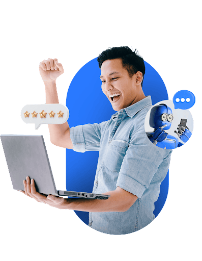 Seorang pria merayakan pencapaian sambil menggunakan laptop, menunjukkan antusiasme dengan mengangkat tangan. Di sebelahnya, karakter robot muncul dengan pesan dukungan.