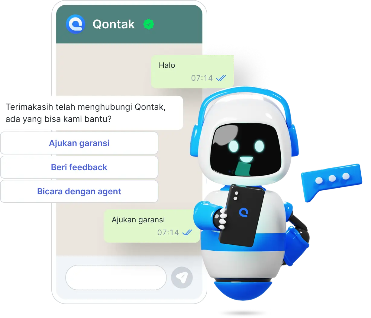 Sebuah robot digital berinteraksi melalui aplikasi pesan, menawarkan bantuan kepada pengguna. Di sekitarnya, terdapat opsi layanan untuk mengajukan garansi dan memberikan umpan balik.