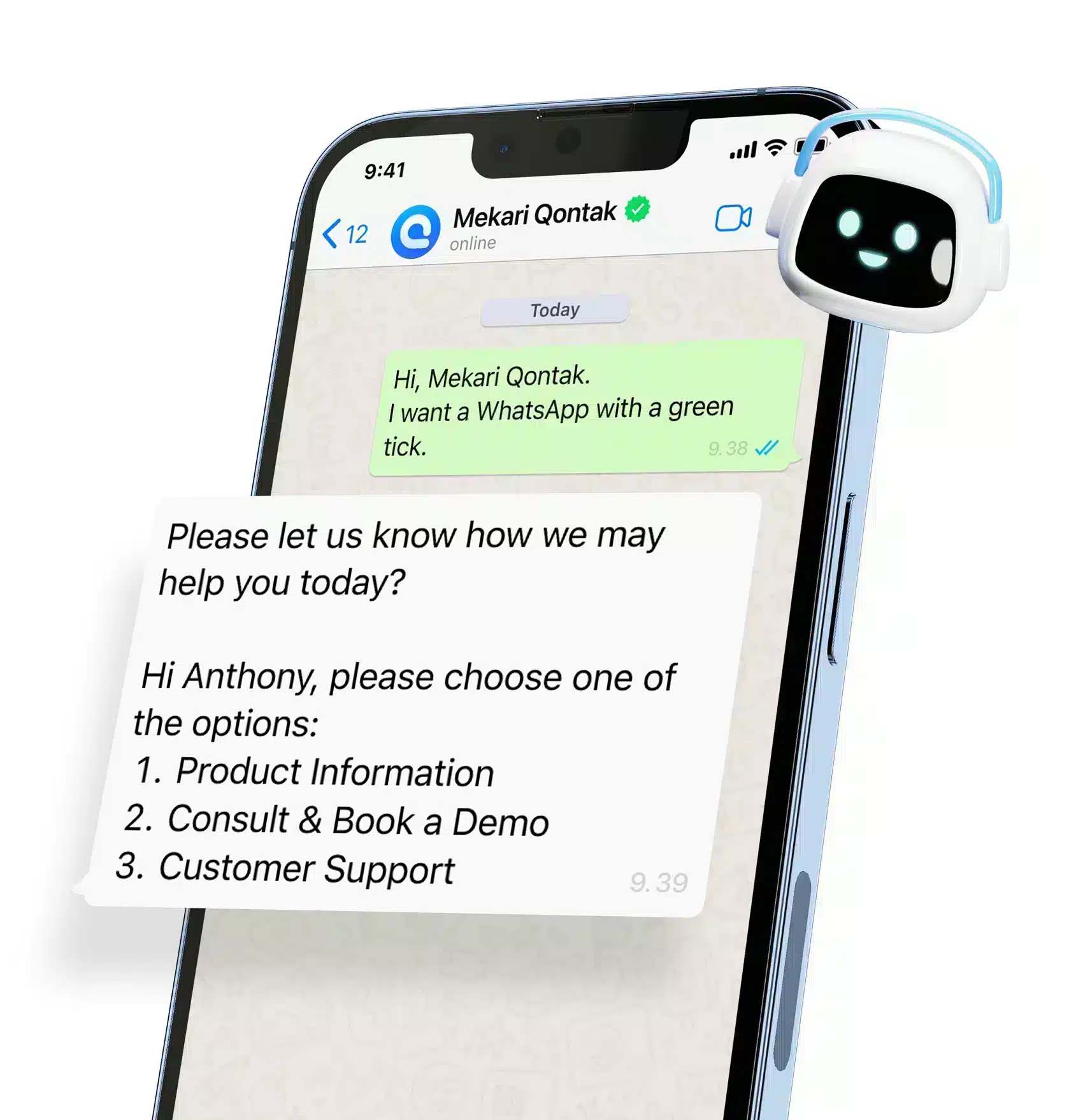 Sebuah pesan WhatsApp menampilkan bantuan dari Mekari Qontak, menawarkan pilihan layanan antara informasi produk, konsultasi, dan dukungan pelanggan.