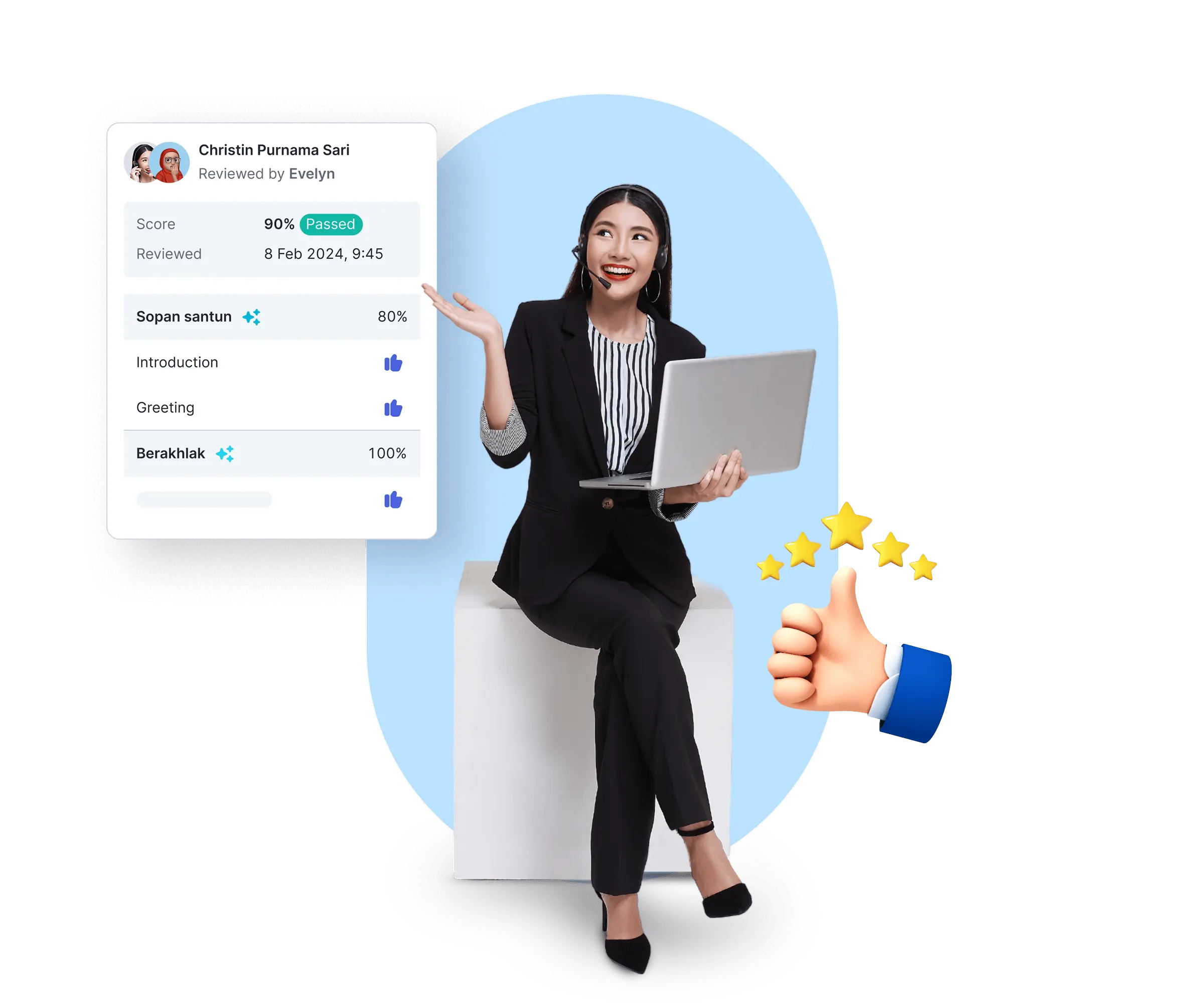 Sesi pelatihan online berlangsung, dengan laptop di tangan. Hasil penilaian menunjukkan kemajuan dalam keterampilan, dikelilingi latar belakangan cerah.