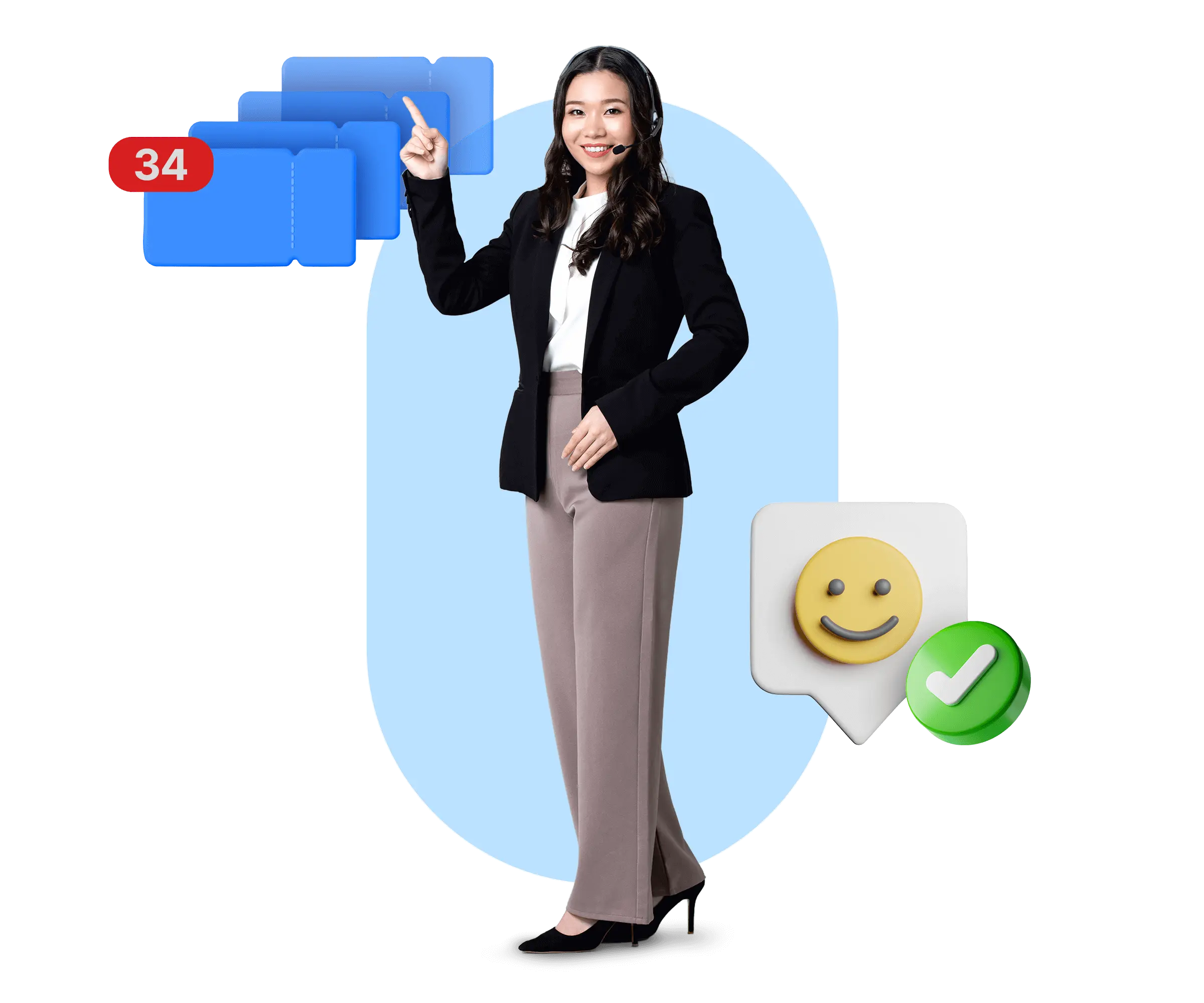 Seorang profesional berdiri dengan headset, menunjuk ke simbol kotak folder biru dan notifikasi pesan, menandakan interaksi atau manajemen komunikasi.