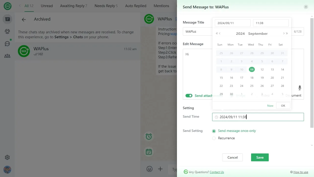 WAPlus WhatsApp Blast Vendor Message Schedule Dashboard Page View WAPlus WhatsApp Blast Vendor Message Schedule Dashboard