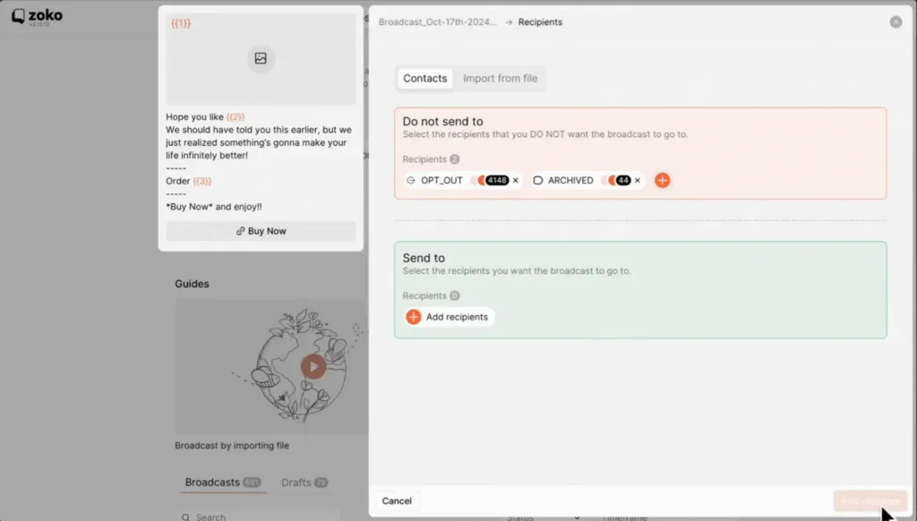 Zoko WhatsApp Blast Software - Send Broadcast Dashboard Page View Zoko WhatsApp Blast Software - Send Broadcast Dashboard