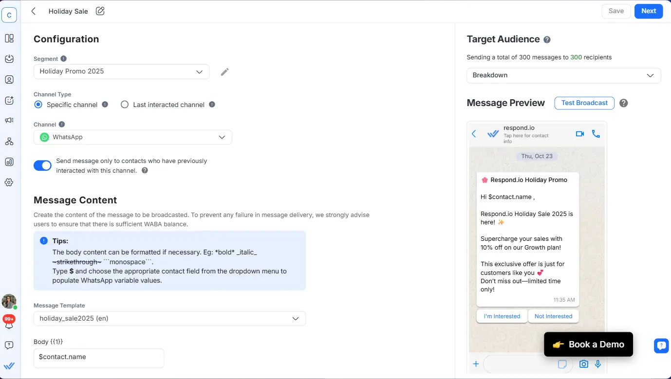 Respond.io WhatsApp Blast Message Template Builder Dashboard Page View Respond.io WhatsApp Blast Message Template Builder Dashboard